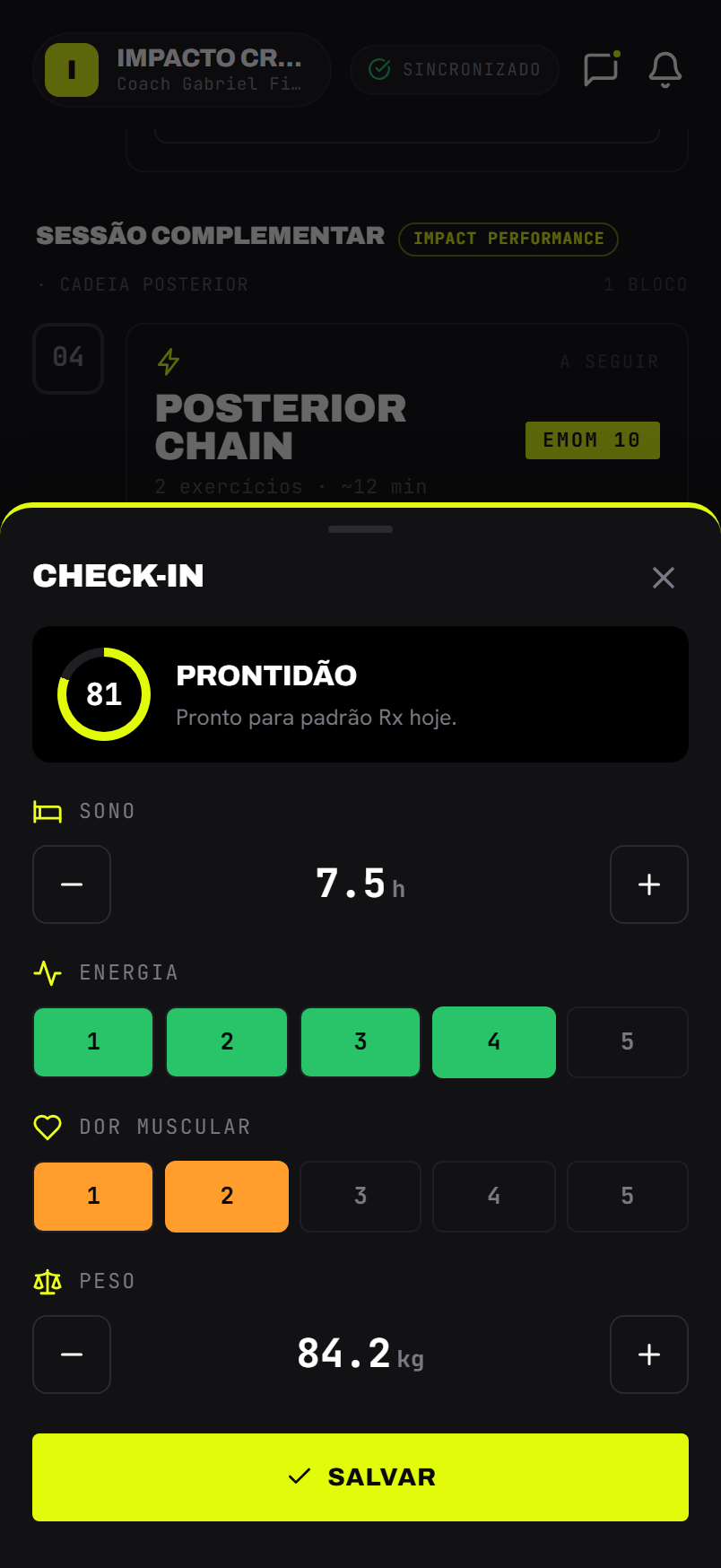 A folha de check-in com a placa do score, a régua e as quatro respostas